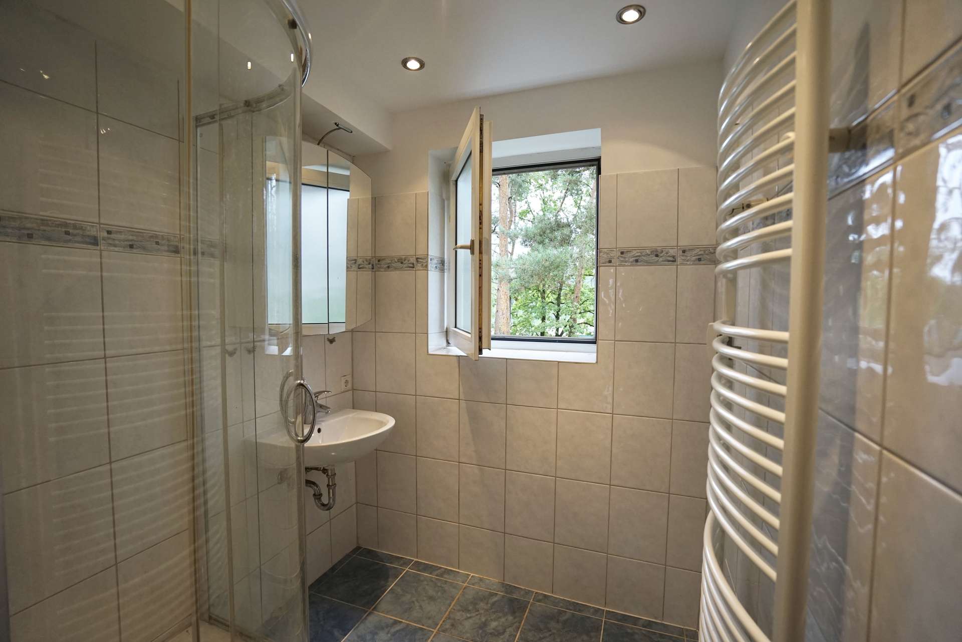Dusche, Fenster und Handtuch-Heizkörper 