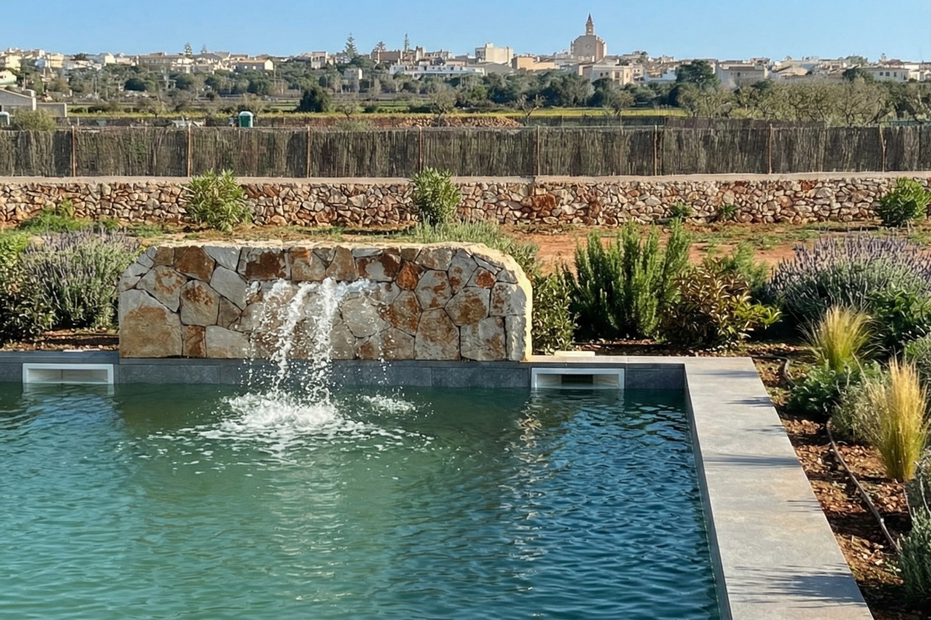 Moderne Natursteinfinca mit Blick auf die Kirche von Santanyí, Mallorca