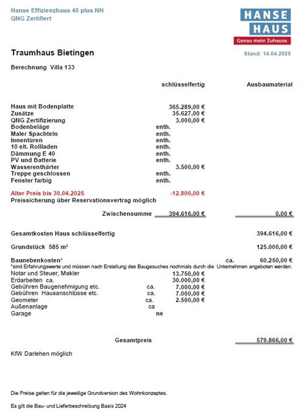 Berechnung QNG+-Line Villa 133