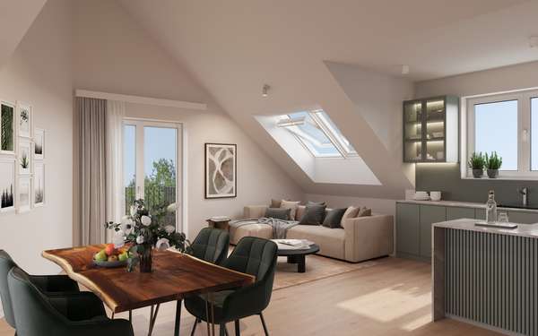 QQI: Exklusive Dachgeschosswohnung in München: Hohe Decken, 3 Außenflächen & großzügiger Wohnbereich