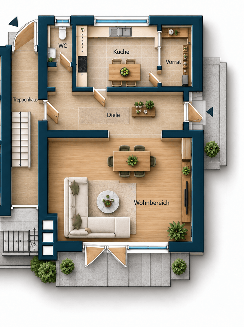 Grundriss EG Maiso – Maisonette mit ca. 170 m² Wohnfläche, Garten, Kamin & 2 Monaten kaltmietfrei in Escheburg
