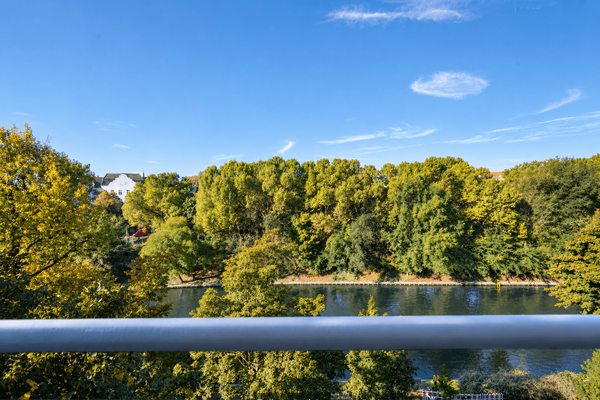 Ruhiger Flussblick mit Baumkrone und Gelau0308nder