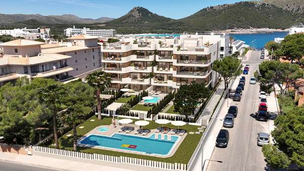 Neubau-Apartment mit Südost-Terrasse & Poolblick – 250 m zum Strand in Cala Ratjada, Mallorca