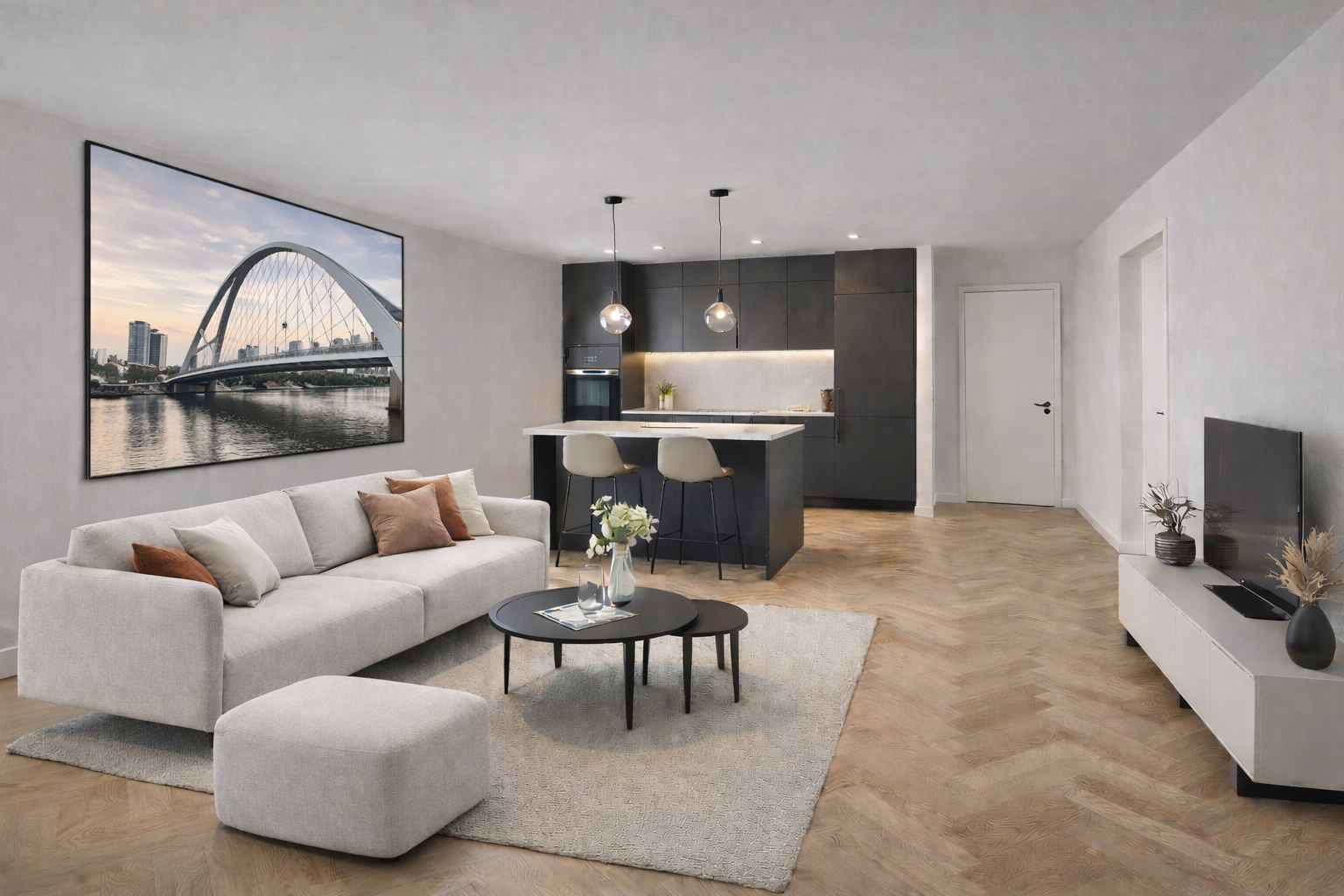Wohnzimmer und Küche unverbindliche Visualisierung