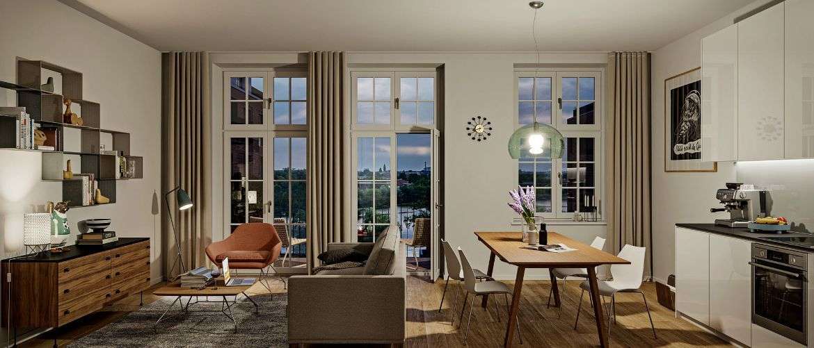 Visualisierung Wohnung bei Abenddämmerung