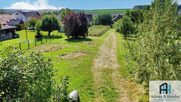 Drohnenblick von Straße aufs Grundstück