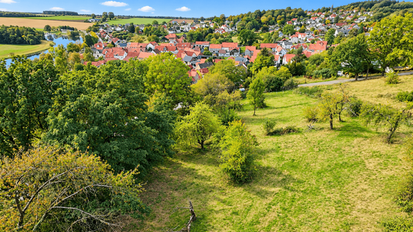 Panoramablick über ein sonniges Dorf im Spätsommer