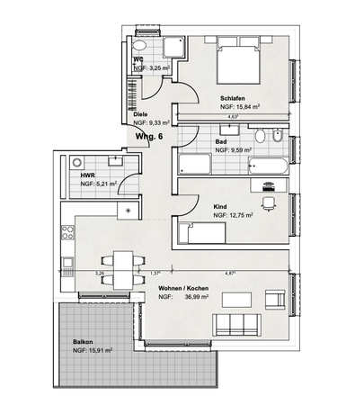 Grundriss Wohnung 2. Obergeschoss Variante 1