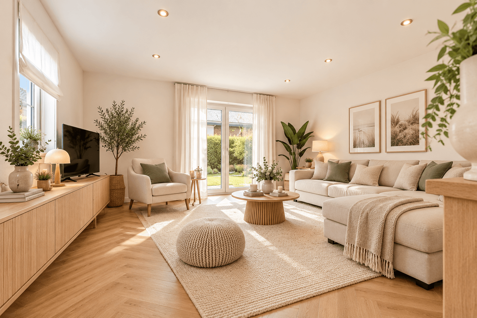 Wohnzimmer/Küche (KI-genierter Böden, Möbel, etc.)