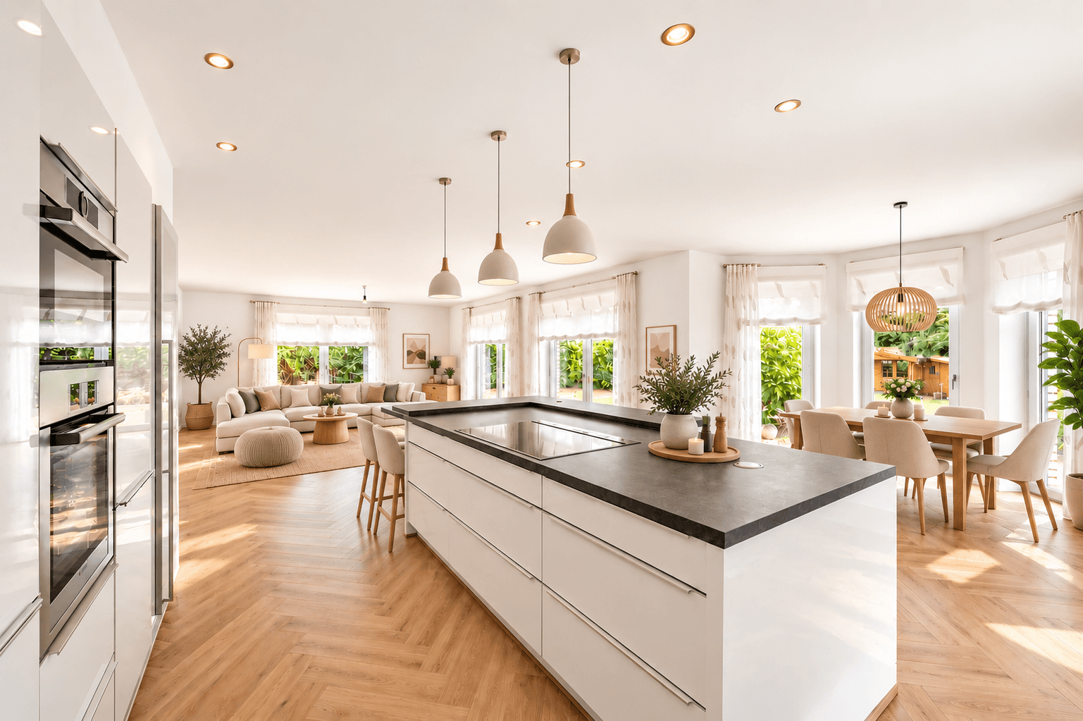 Wohnzimmer/Küche (KI-genierter Böden, Möbel, etc.)