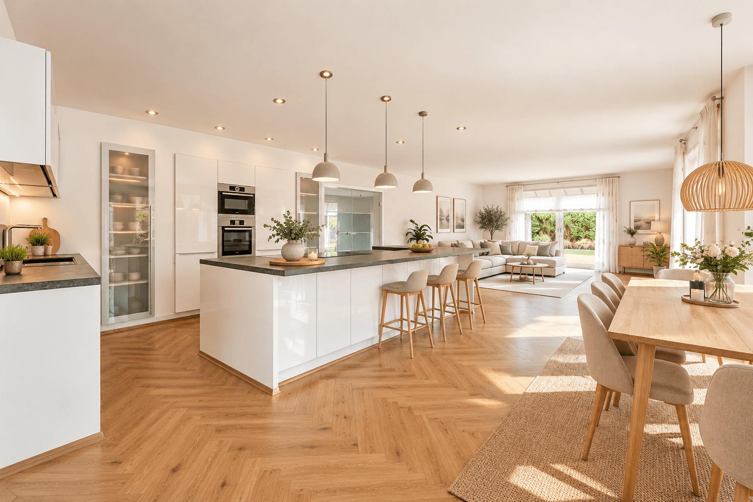 Wohnzimmer/Küche (KI-genierter Böden, Möbel, etc.)