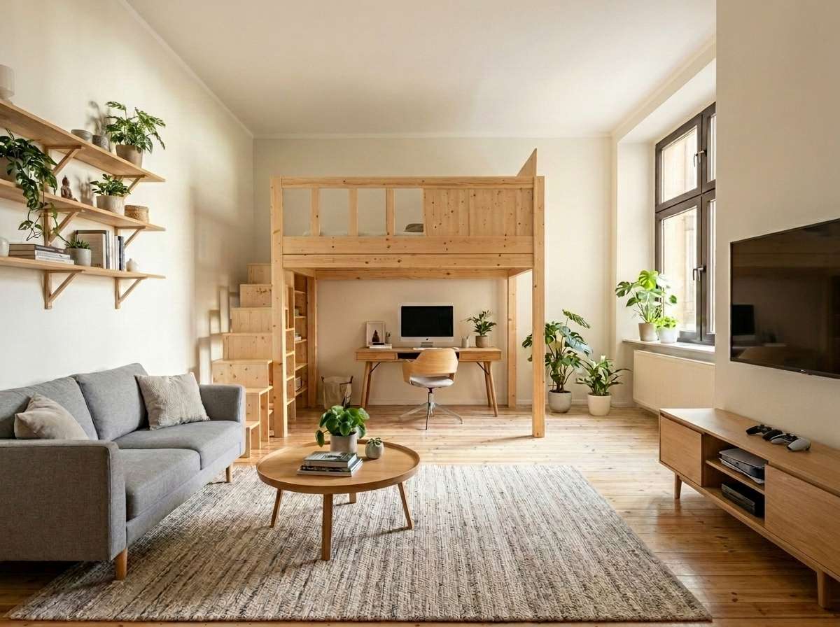 Wohnzimmer mit Hochbett (KI-generiert)