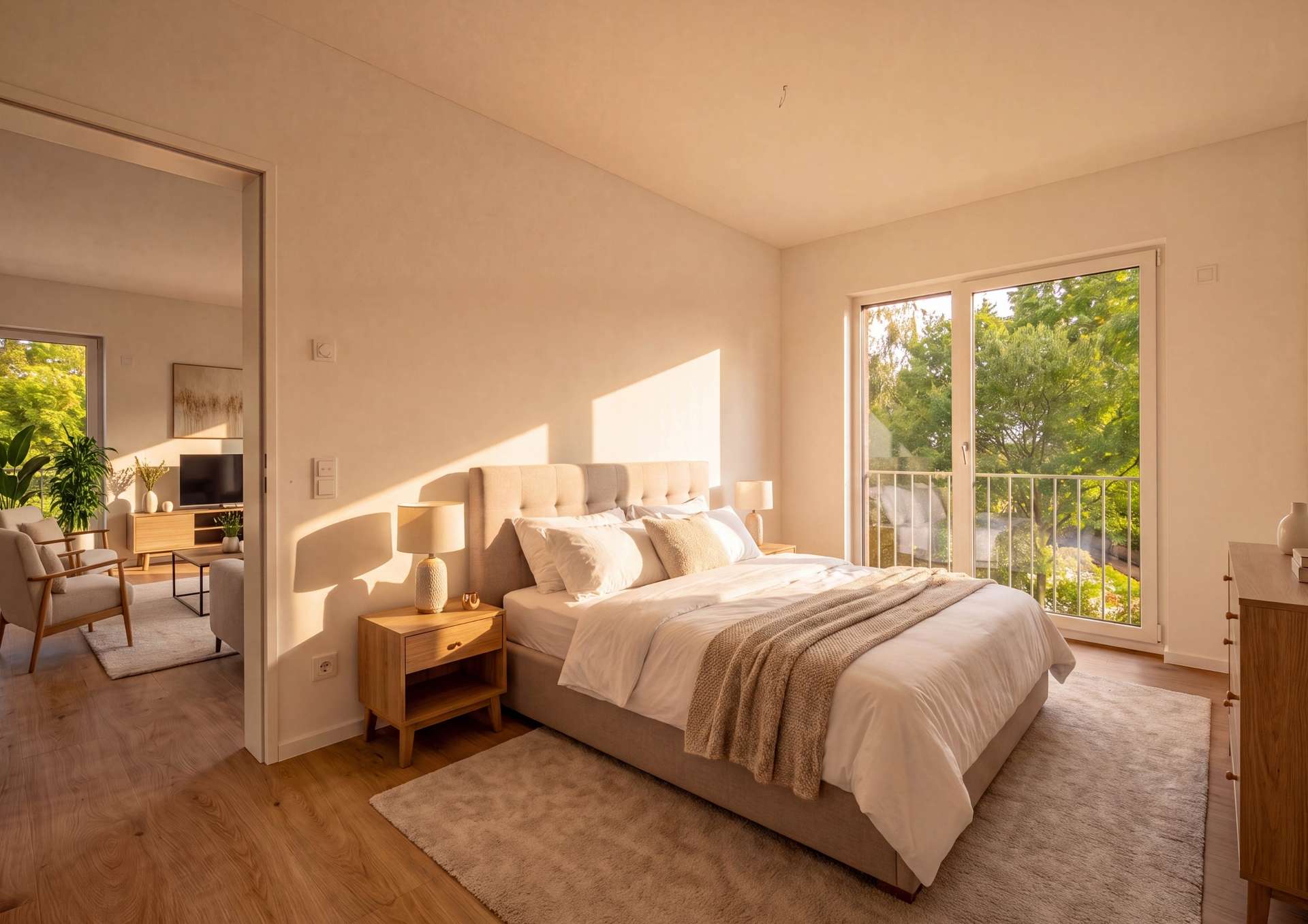 Schlafzimmer mit bodentiefen Fenstern