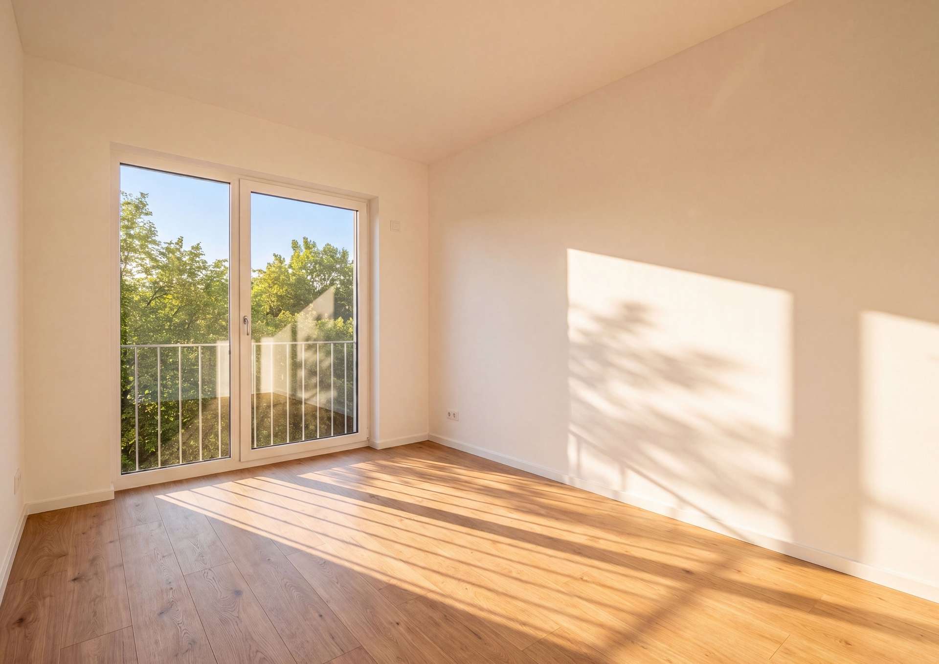 Zimmer mit großem Fenster und Blick ins Grüne